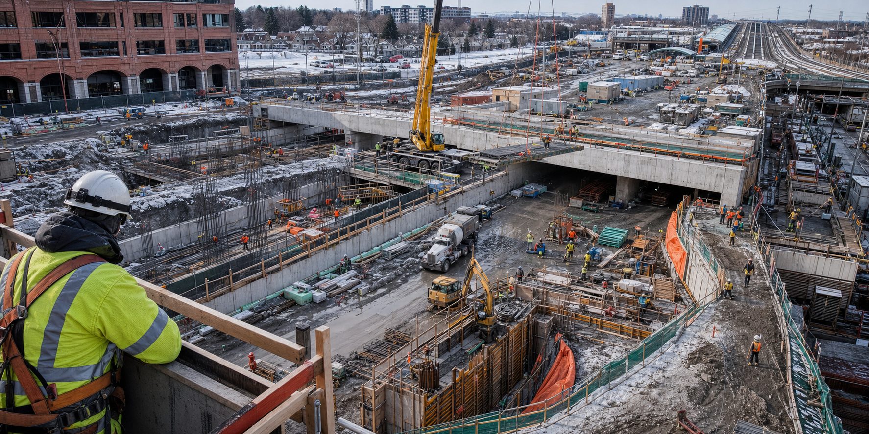 Active high-rise workfront with crews and equipment in motion