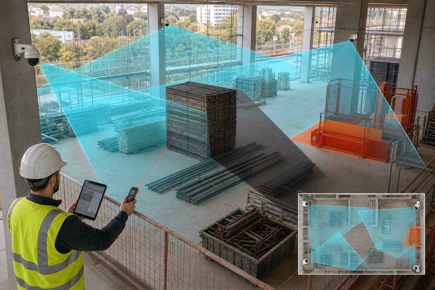 Engineers walking a site coverage and risk-zone survey