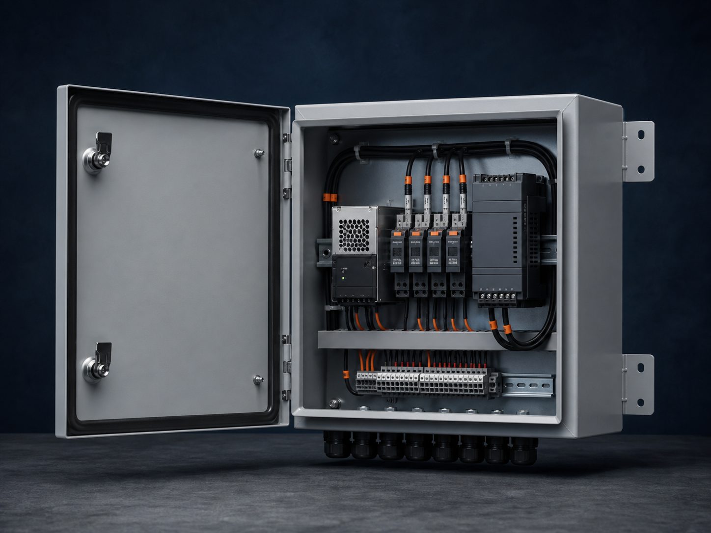 Open NEMA 4X enclosure with DIN-rail power and terminal blocks