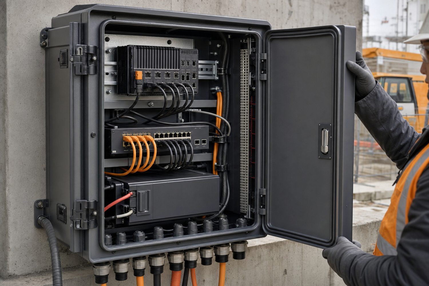 Protected edge-computing cabinet installed and serviceable on a live construction site