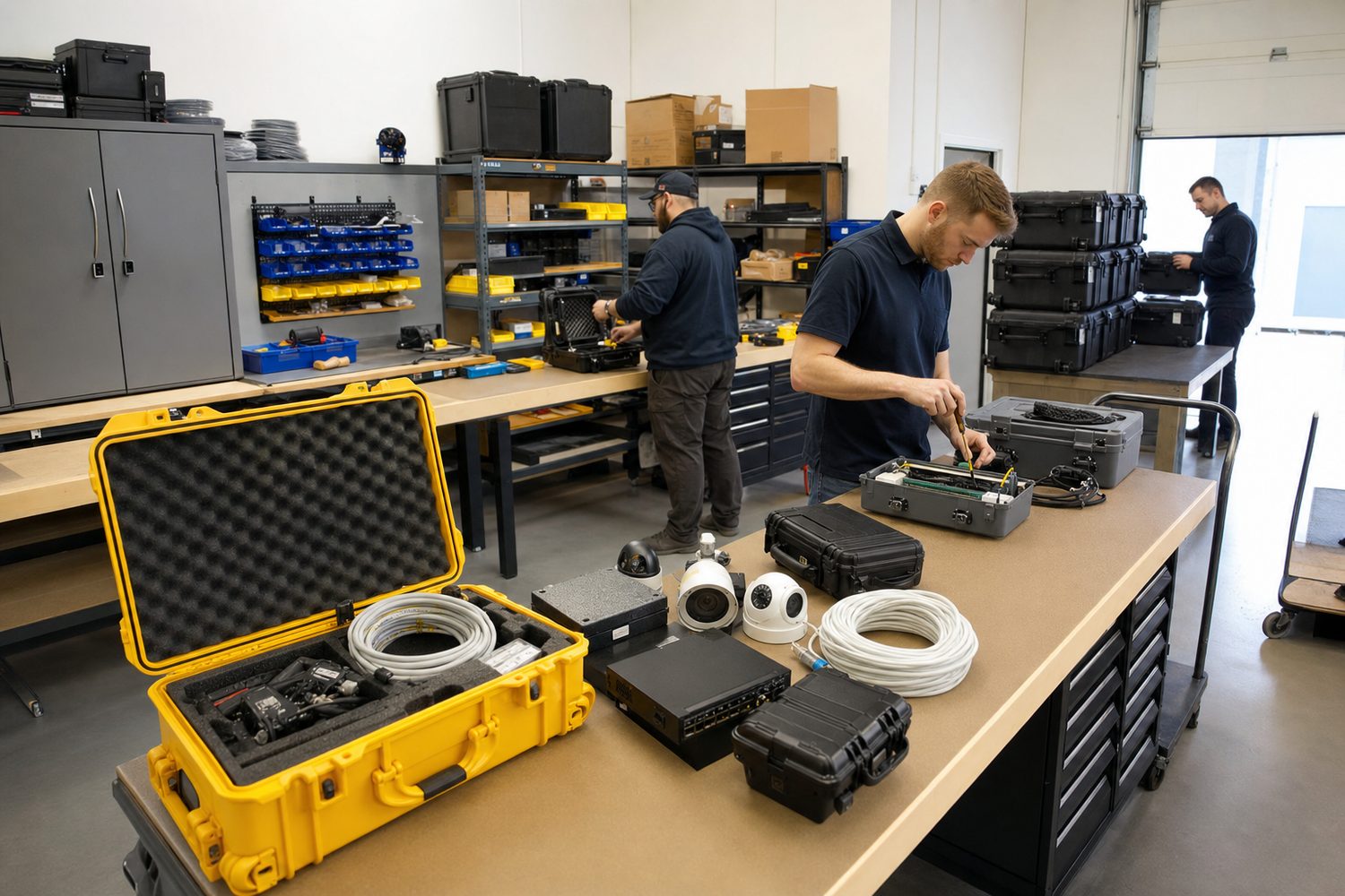 Field technicians preparing rugged camera and edge-computing deployment kits