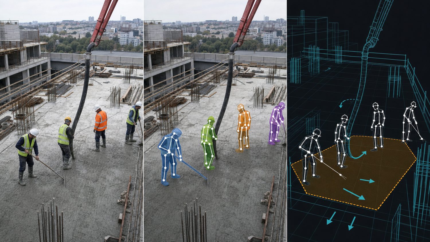 A construction video frame transforming into anonymous wireframe geometry and a risk zone