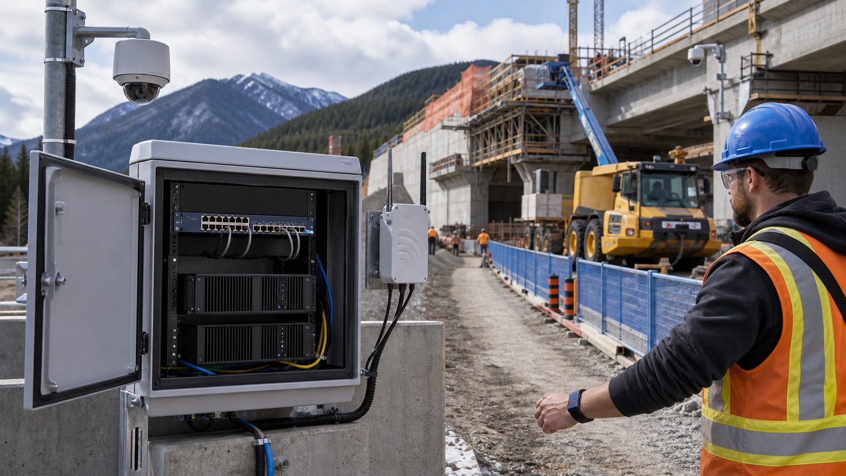 Installed reference architecture: site camera, open edge cabinet and protected cabling on a live site