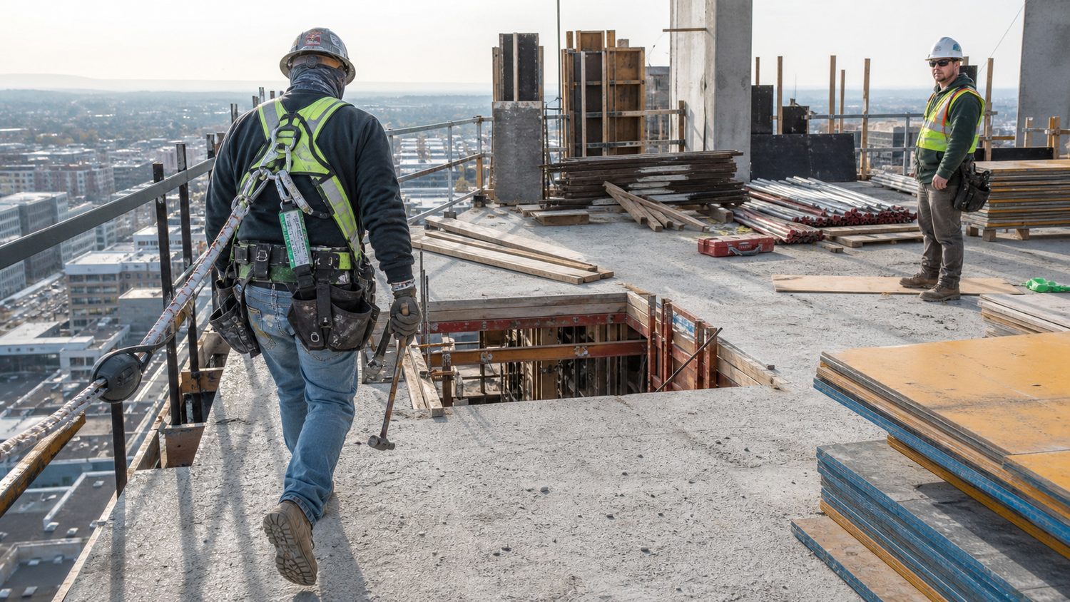 Worker approaching a temporary slab opening near a leading edge