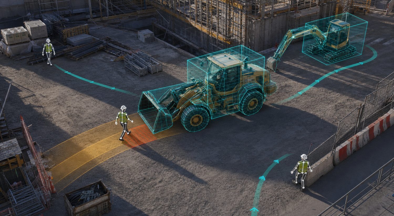 Workers, a wheel loader and an excavator represented by wireframes with projected trajectories
