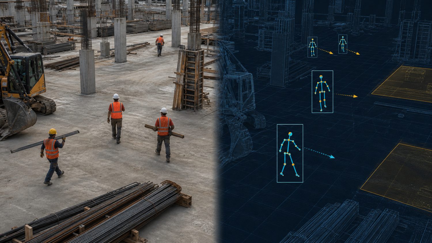 Split view: real workers on site and the anonymous wireframe representation the system actually processes