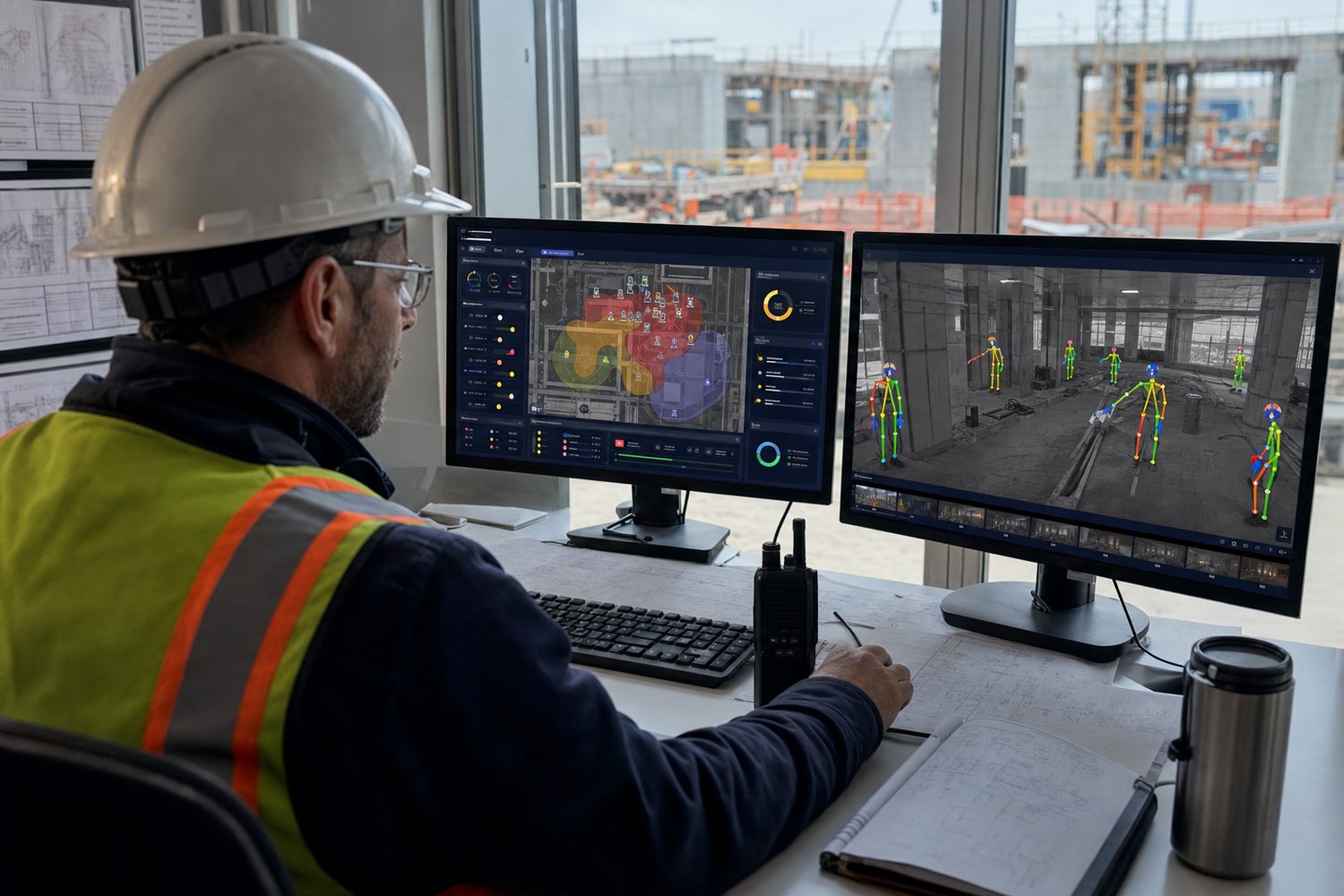 Safety coordinator reviewing live wireframe tracking and site heat maps in the control room
