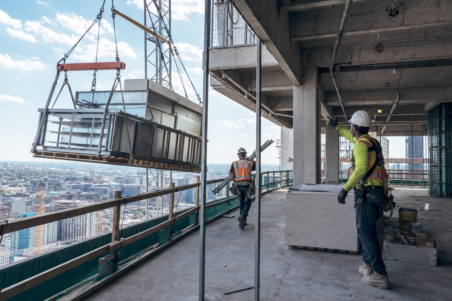 Worker approaching a rotating suspended load while a signaler stops the lift