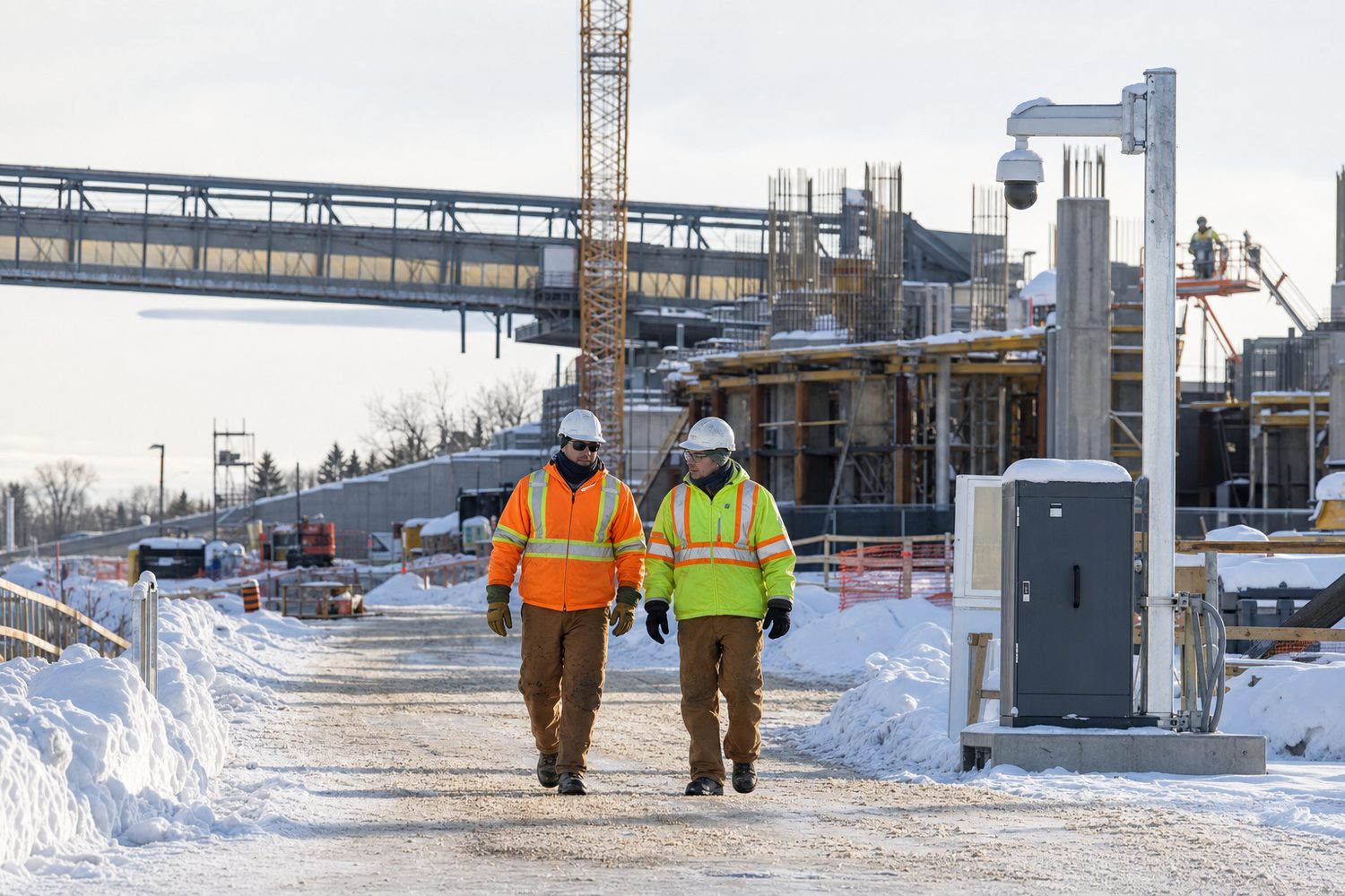 Workers and safety camera operating on a snow-covered Canadian construction site